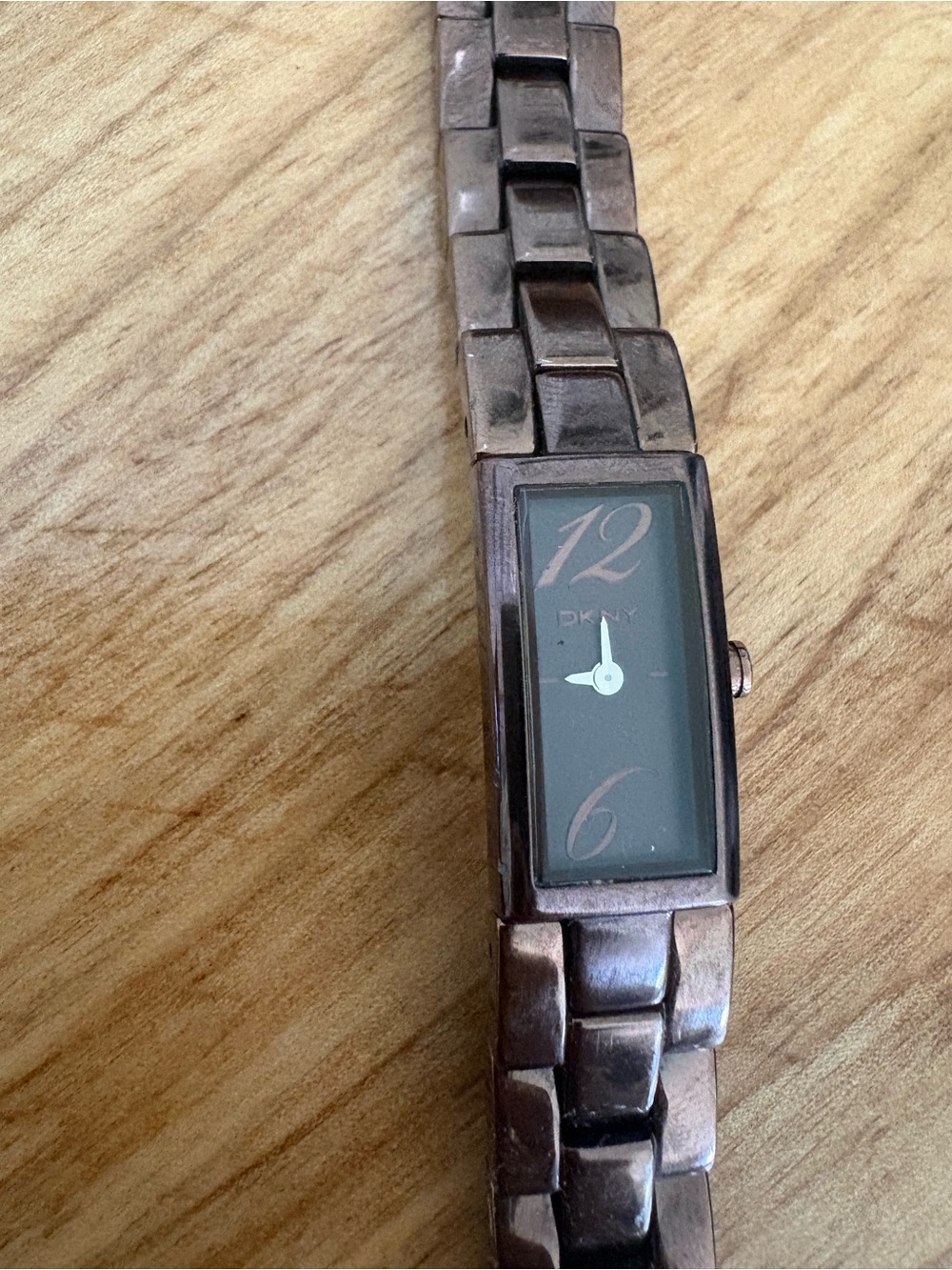 DKNY Brown Metal Link Bracelet Watch with Black Rectangular Dial